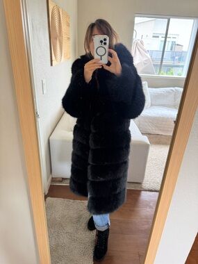 Black Faux Fur Long Pea Coat - Women's Winter Outerwear